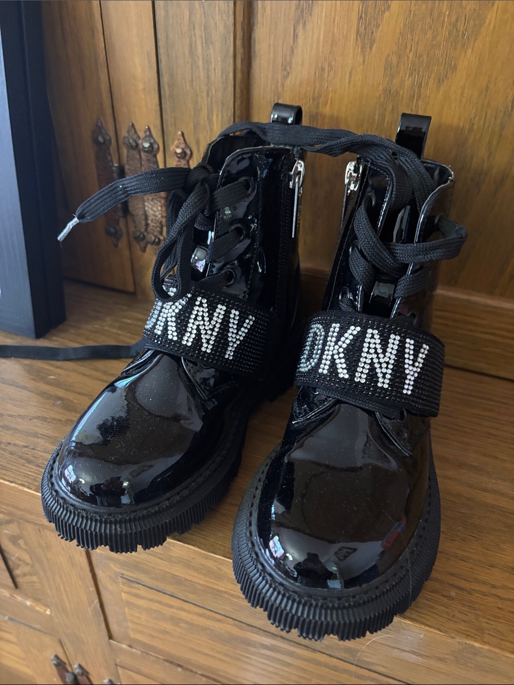 DKNY Black Patent Logo Strap Kids Combat Boots
